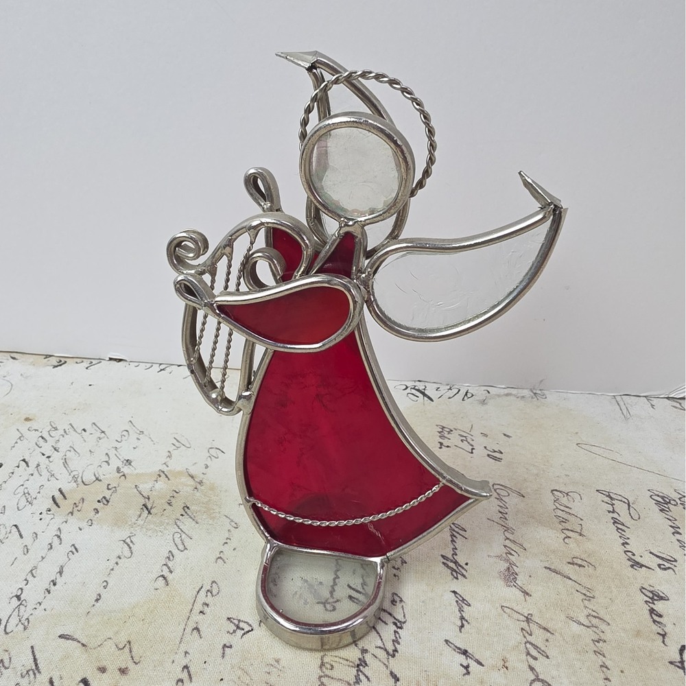 Red Stained Glass Angel Playing Harp Figurine Christmas